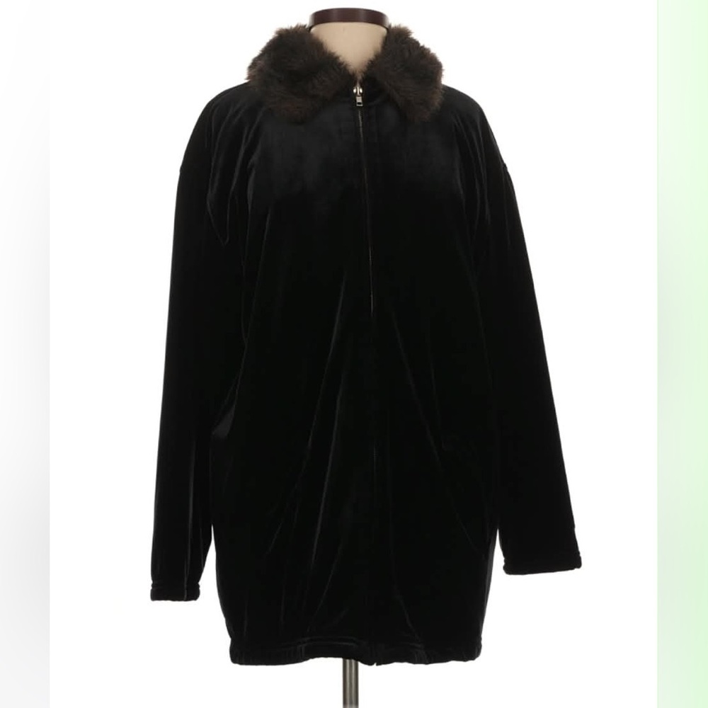 Jones New York Sport Black Velvet Fur Neck Zip Up Jacket Coat Womens size S